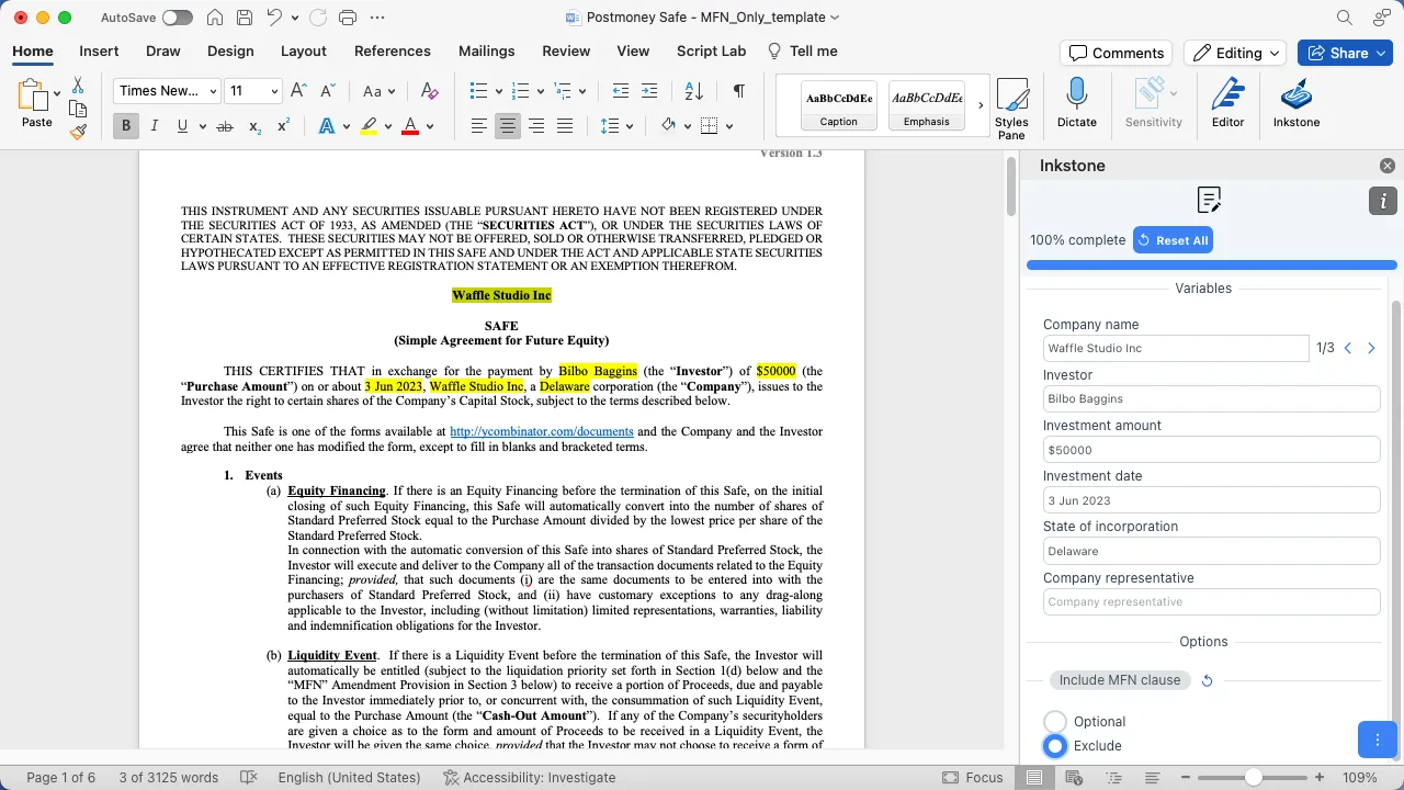 Filling in fields in the template